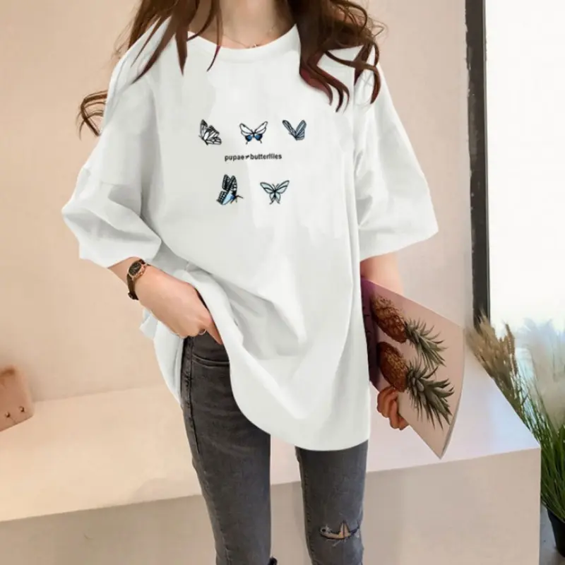 Men's Cotton Crew Neck Tshirt - Korean Style, Oversized Cut, Loose Fit, Butterfly Print, Breathable Fabric, Minimalist Design, All-Season Tropical Comfort, Casual Menswear Tops, XXL Size Available, Hassle-Free Guarantee