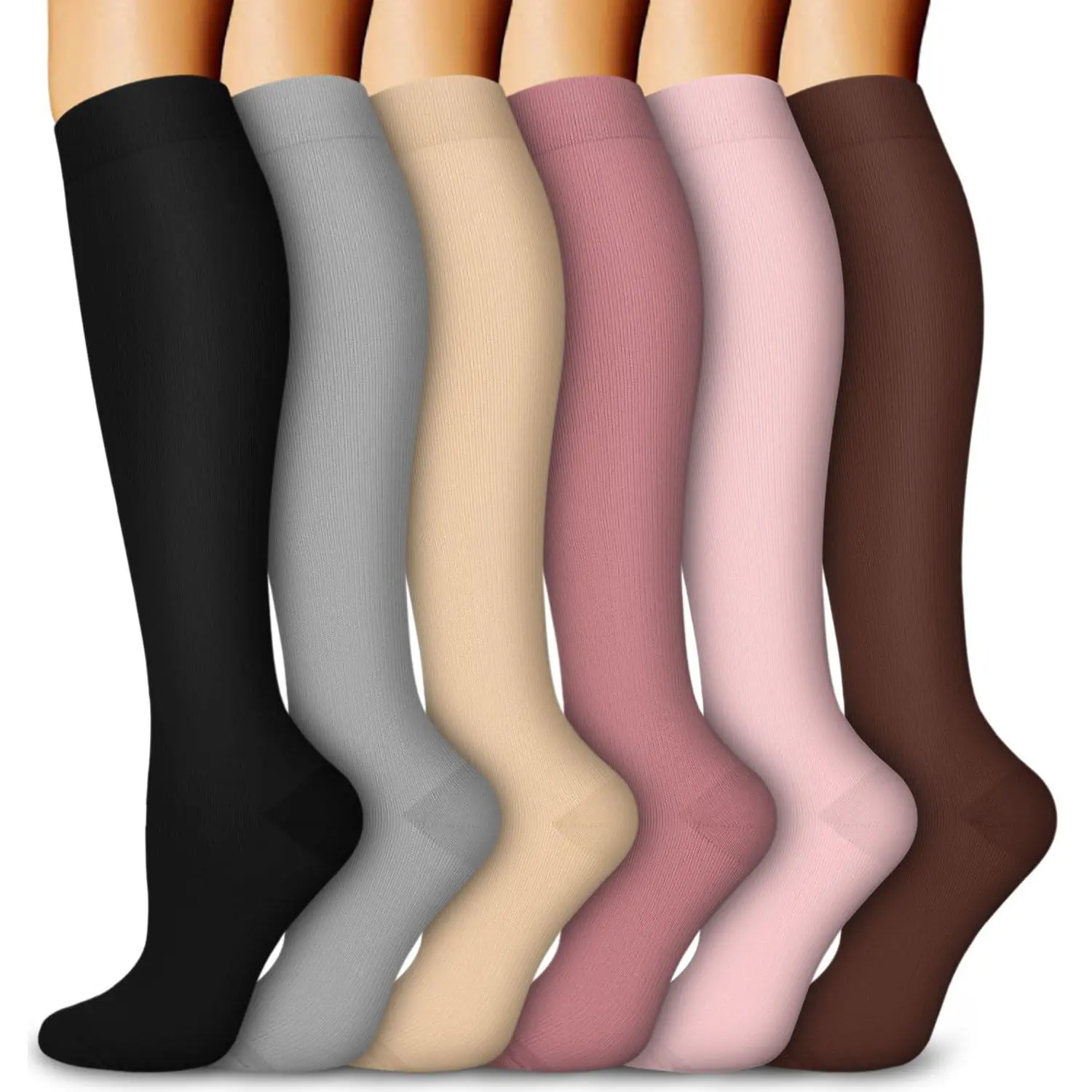 Women's Over-the-Knee Compression Sporty Grip Socks (6 Pairs) - Breathable, Anti-Slip, Supportive, Reinforced Weave for Running/Yoga, All Seasons Polyester Athletic Gear