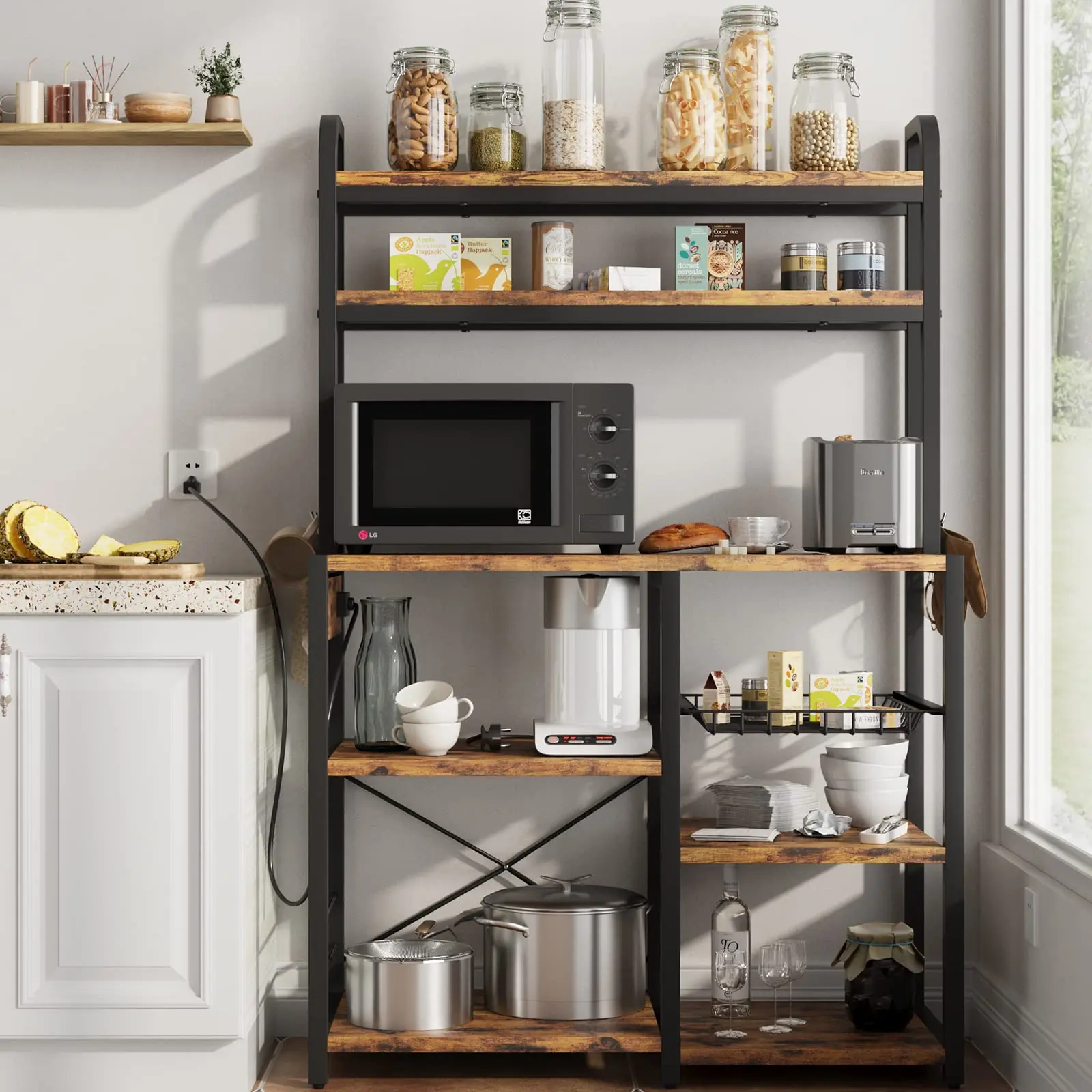 【GARVEE】Bakers Rack with Power Outlet + Coffee Bar + Wire Drawer + MDF Board + Metal Frame + 6-Tier Storage + Dining, Living Room