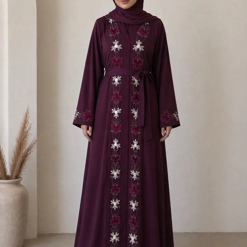 Dubai Umbrella Abaya with Rhinestone Embellishments on Nida Fabric Matching Scarf and Waist Belt included Elegant Women's Abaya for Casual Wear Events and Special Occasions
