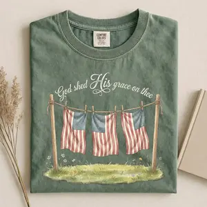 Comfort Colors God Shed His Grace on Thee T-Shirt, Christian Patriotic 4th of July Tee, Faith Based Independence Day Shirt, American Flag Religious Graphic - HARSIN