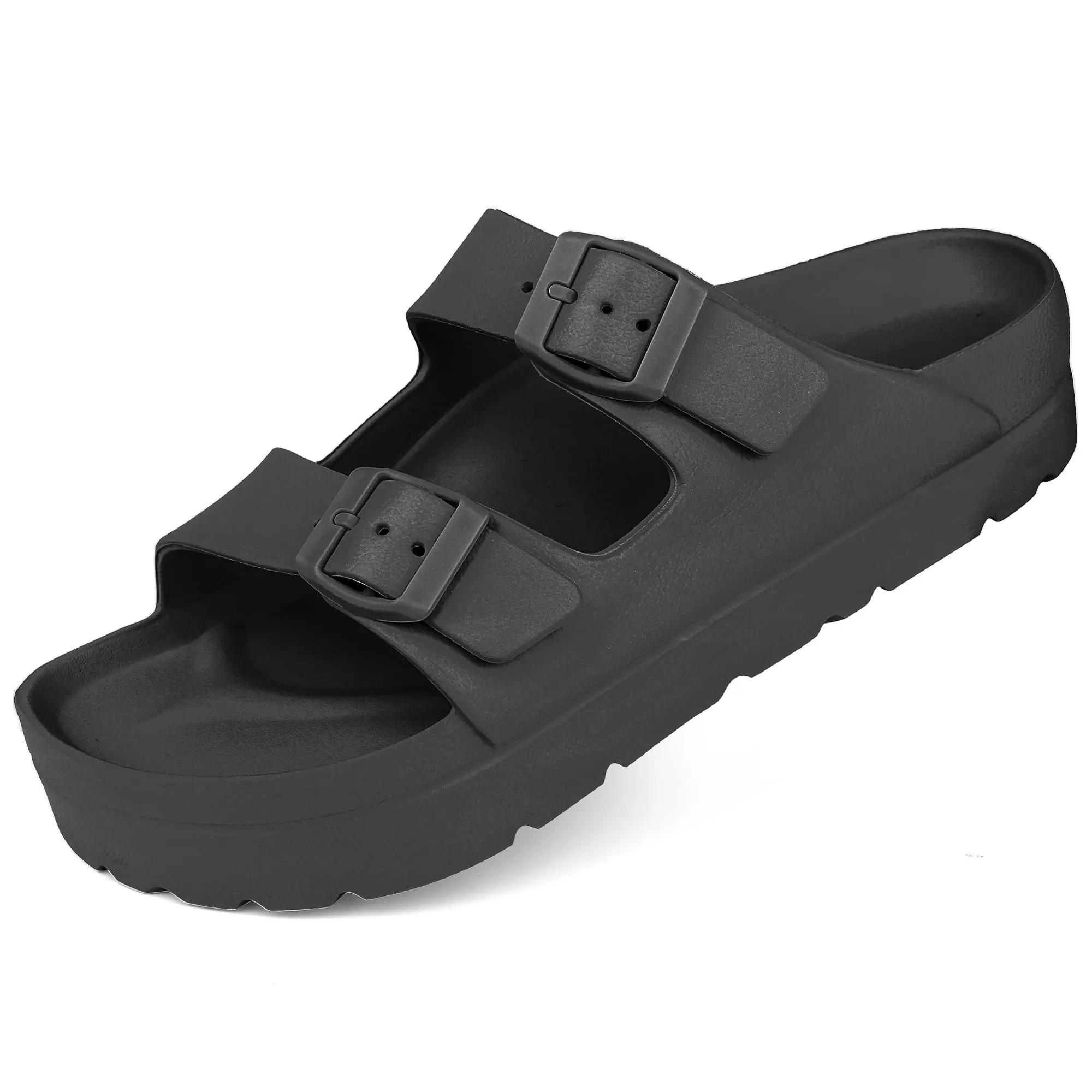 Double Buckle Platform Anti-Slip Slides Women Fashion Soft EVA Buckle Strap Sandals Summer Holiday Home Beach Arch Support Footwear Girl Shoe Classic Comfort Kitchen