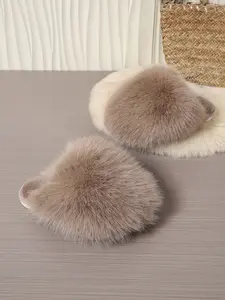 New Fashion Versatile Large Soft Fur Ball Plush Slippers, Autumn Winter Outdoor Home Anti-Slip Flat Bottom, Women's Warm One-Strap Slipper, Indoor Slippers, Footwear
