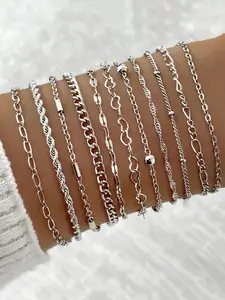 Simple Heart & Chain Design Link Bracelet Set, Metal Bracelet, Minimalist Bracelet, Matching Bracelets, Casual Jewelry for Women, Simple Jewelry for Party, Daily Clothing Decor, All-match & Exquisite Jewelry for Birthday Gift