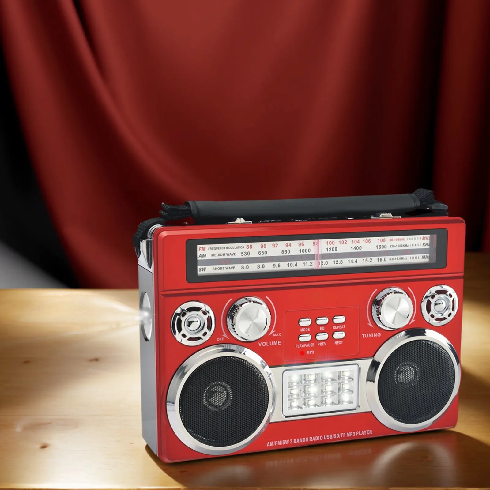 Vintage Multifunctional Portable Radio - Retrobox 3-Band AM/FM/SW Receiver with Wireless Bluetooth Boombox, Built-in Flashlight, AUX Input, Charging Function, Red Compact Audio Speaker Player