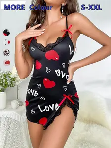 Women's Casual Fitted Sleepwear Nightgown, Heart Pattern, Lightweight Fabric, Adjustable Straps, Soft Material, All Seasons, Romantic Gift