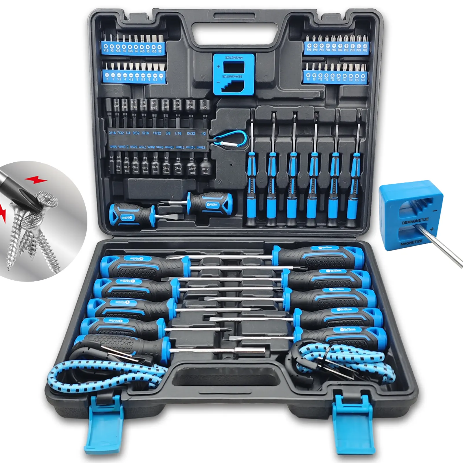 83-Piece High-Quality Chrome Vanadium Steel Bits Screwdriver Set, CRV Material, Sturdy Toolbox-Included Kit for Adults - Slotted/Phillips/Torx Precision Bits, Nut Drivers, Bungee Cords, Magnetizer for DIY, Automotive Use