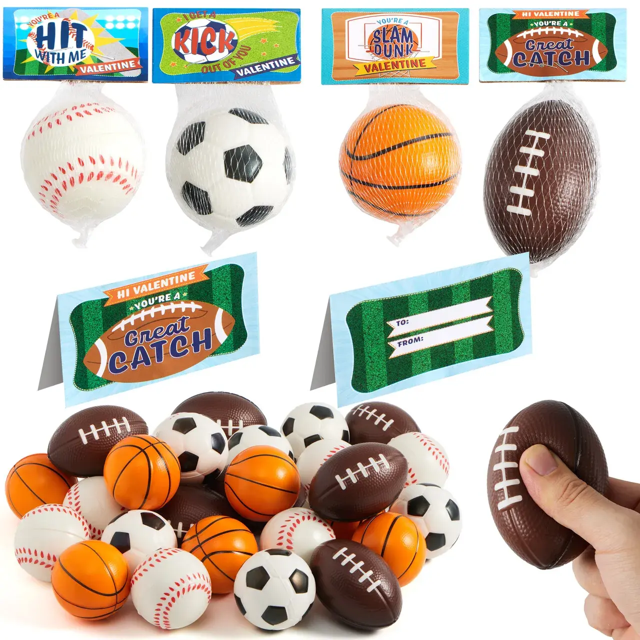 Squishball 28Pcs Mini Sports Stress Balls - Stress Relief & Anxiety Relief for Kids, Valentine Party Favor Toys 2025, Spring tok &28pcs Bouncing Balls with Cards
