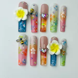 Press-On Nails, Tropic Pop "Island Bloom" Hibiscus Liquid Core, Long 1.7-inch Square Shape for DIY Nail Art, Handmade Nail Art