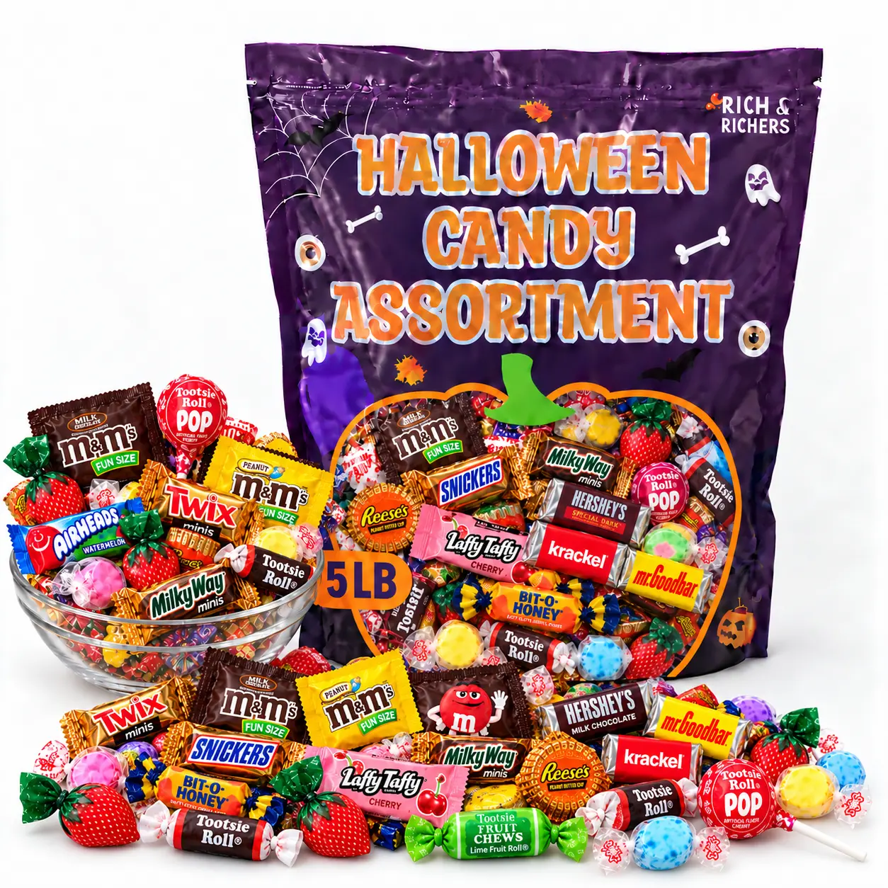 Rich & Richers Assorted Halloween Candy, Chocolate & Lollipop Variety Pack | 5LB Bulk Sweets & Chocolate Assortment | Trick-or-Treat Party Favors