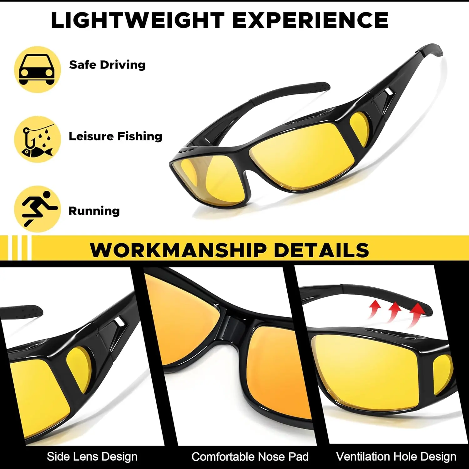 【Friend’s Pick】LVIOE Around Night-Vision Glasses, Fit Over Prescription Glasses with Polarized Yellow Lens Night-Driving Glasses 【Friend’s Pick】LVIOE Around Night-Vision Glasses, Fit Over Prescription Glasses with Polarized Yellow Lens Night-Driving Glasses