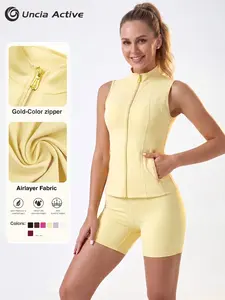 UnciaActive Women's Minimalist Gold-Color Zipper Vest & Tight Above-the-Knee Shorts Set - Airlayer Fabric, High Elasticity - 2-Piece Sports Tracksuit for Workout, Yoga - Gym Outfits