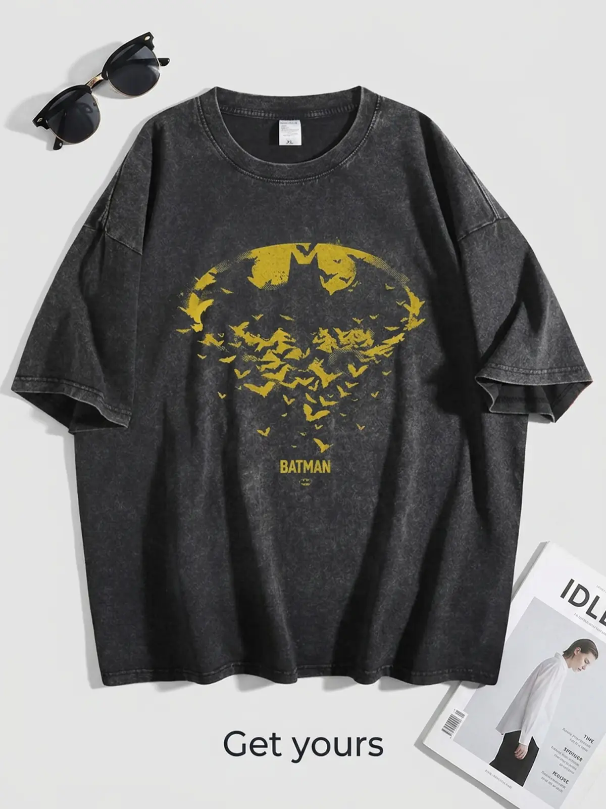 【Justice League】Unisex Batman logo Graphic Oversized Washed T-shirt Women Men Casual Streetwear, Top