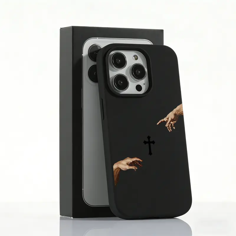 1PC "The Creation of Adam" Inspired Christian Cross TPU Shockproof Durable Smartphone Case, Artistic Reaching Hands Design, Skin-friendly Protector, Large Hole Handheld Accessory, for iPhone 17/16/15/14/13 Pro Max/13/12/11 Plus Air Pro, Ideal Holiday Gift