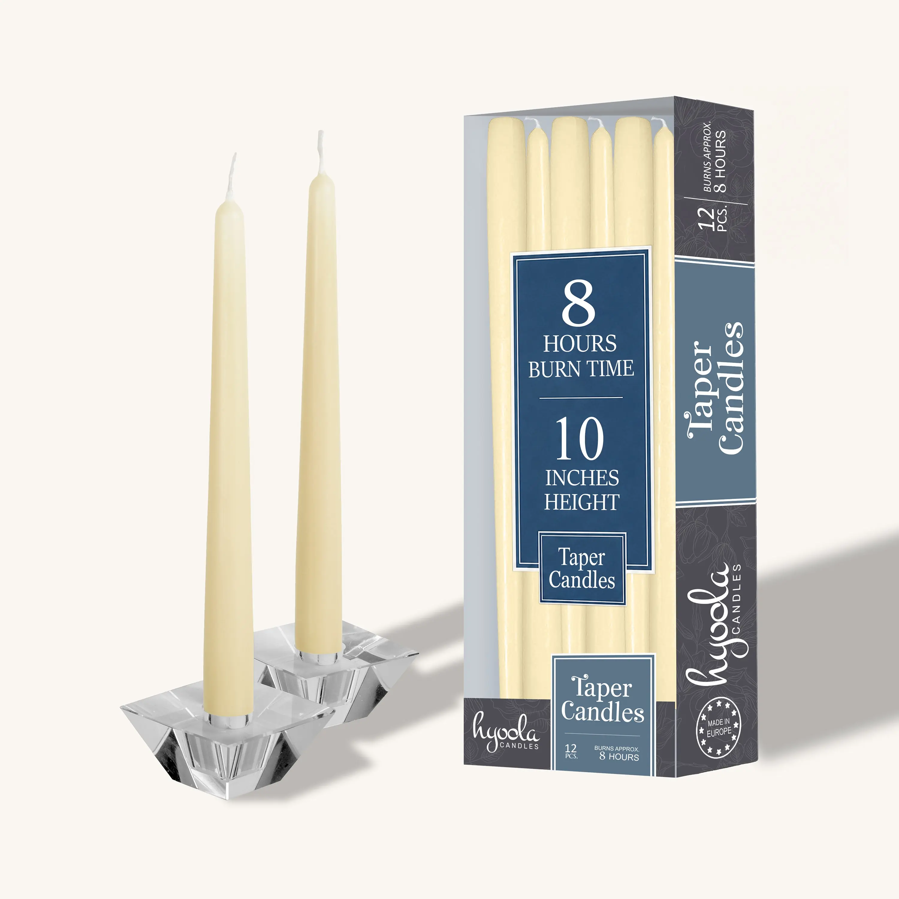 Wool White Taper Candles - 10-Inch, 12-Pack, Paraffin Wax, Unscented, Dripless, Smokeless, for Intimate Evenings & Upscale Dinners, Refined Look Home Decor