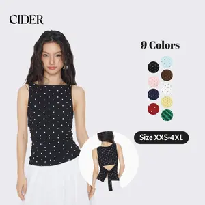 Cider Cotton-blend Boat Neck Knotted Polka Dot Ruched Tank Top