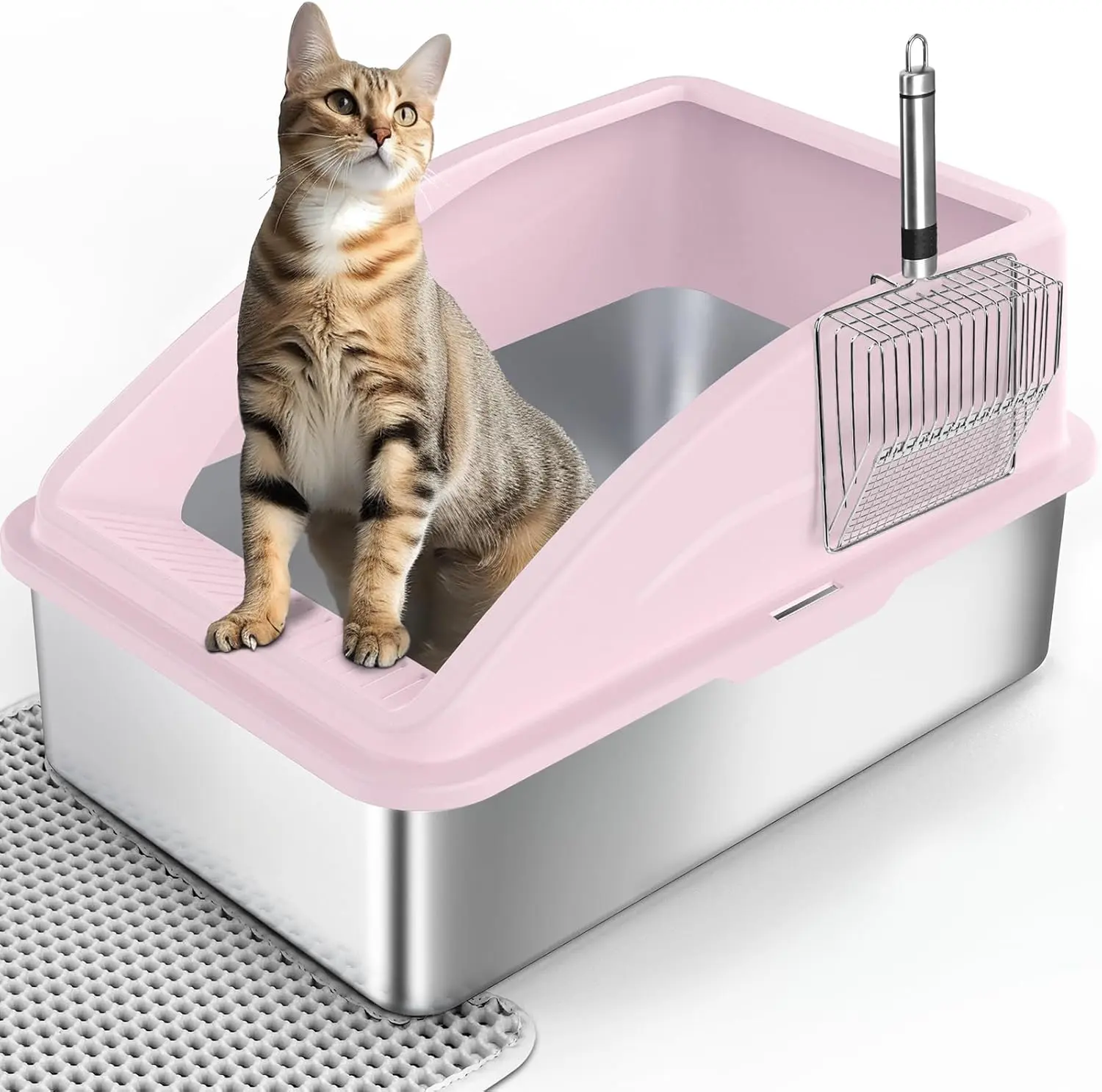Large XL Covered Stainless Steel Cat Litter Box, High Side Anti-Leak Enclosed Cat Toilet, Unique 30 °   Filter Sifting Door Design, Rust-Proof Metal Kitty Litter Pan Complete Set with Metal Litter Scoop & Honeycomb Trapping Mat for Large Medium Small Cats