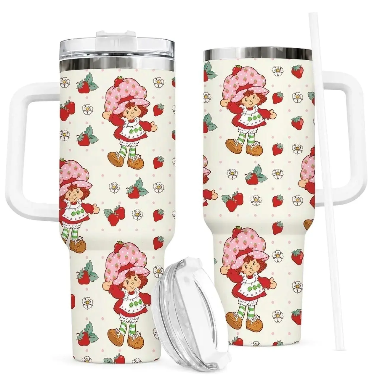 Strawberry Shortcake 40oz Tumbler, Vintage Retro Cartoon Insulated Travel Mug with Handle and Straw, Cute Strawberry Pattern Cup, Gift for Fans