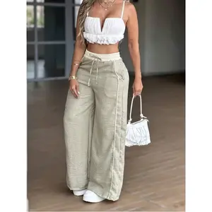 Lady's High-Waisted Wide-Leg Polyester Pants - European-American Style Loose Basic Bottoms, Light Gray Green Business Casual Effortless Cute Pants for Spring Summer