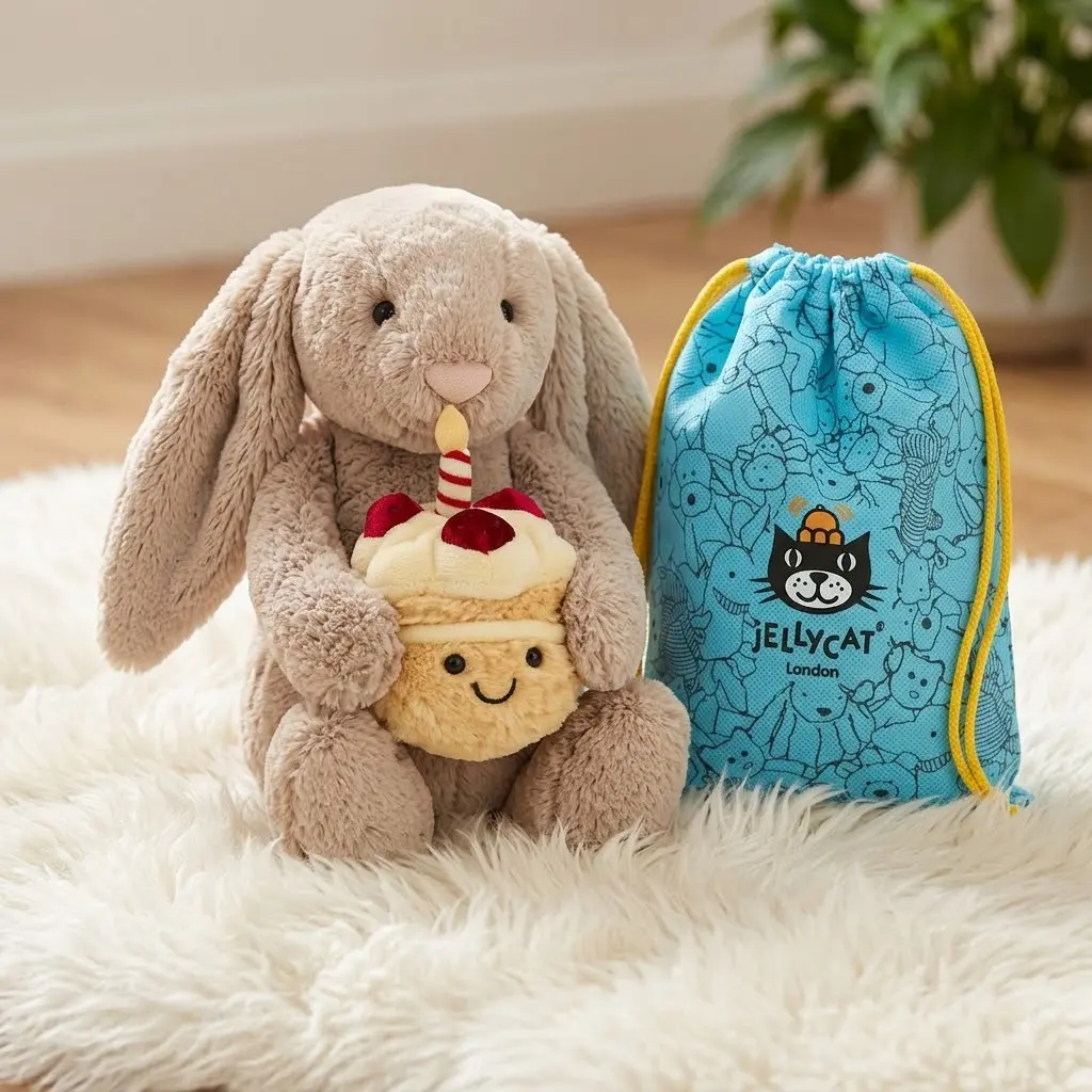 Jellycat Bashful Beige Bunny Birthday Plush Toy, Adorable Bunny with Birthday Cake, Soft & Huggable Stuffed Animal, Birthday Gift