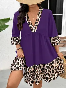 Plus Size Women's Casual Wear Fitted V Neck Leopard Patchwork Dress, Spring Summer Vacation Boho Style, Fashionable Petal 7/8 Sleeve A-Line Dress, Womenswear