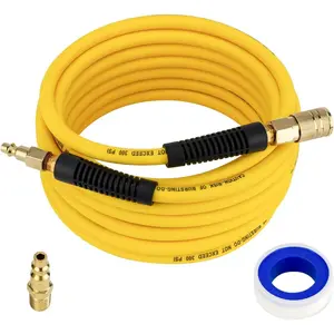 Air Compressor Hose 1/4" x 25 FT, Hybrid Air Hose with Bend Restrictor,  Air Hose with Industrial Quick Coupler and Plug, Heavy Duty,Lightweight,Adaptable to All Kinds of Weather