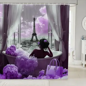 Purple Paris Bathroom Decor,Eiffel Tower French Style Shower Curtain Set for Girls Kids,African American Black Girl Bathroom Set