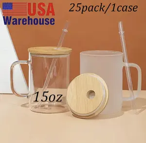 25pcs 15oz Blank sublimation Frosted clear Glass Mugs  with Handles, Travel Coffee Drinkware Tumbler Bamboo Lids and Straws Suitable for Holiday Gifts