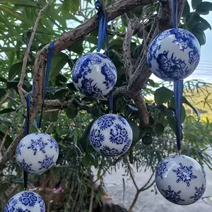 6-Piece Set of Blue and Porcelain Balls, Decorative Hanging Vase Fillers for Home, Garden, Wedding, Easter, Art Deco Style, Ceramic, Tabletop