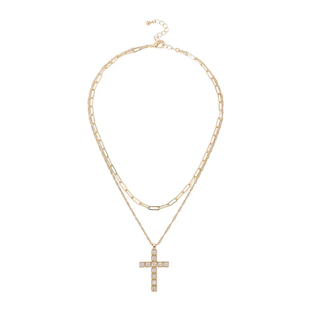 Sparkling CZ Necklace for Women, Double Layered Cross Pendant, Hypoallergenic Religious Jewelry, Dainty Gift for Her