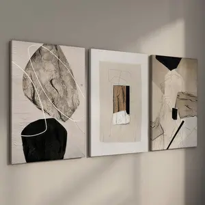 [Ready to Hang] 3Pcs Framed Neutral Abstract Wooden Wall Art, 30x40cm Modern Minimalist Design Black and Beige Canvas Prints, Gallery Wrapped Minimalist 3 Panel Decor for Living Room, Modern Home Decoration, Interior Wood Frame Artwork Set