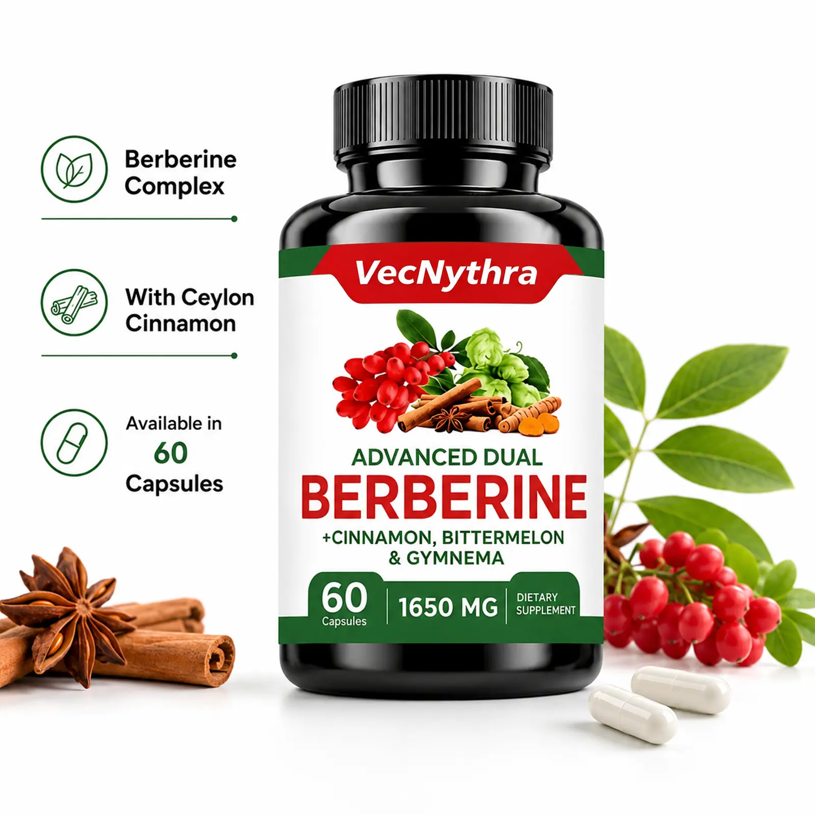 VecNythra Berberine Capsules with Cinnamon, Milk Thistle, Green Tea & Zinc, Botanical Daily Wellness Supplement, 60 Count