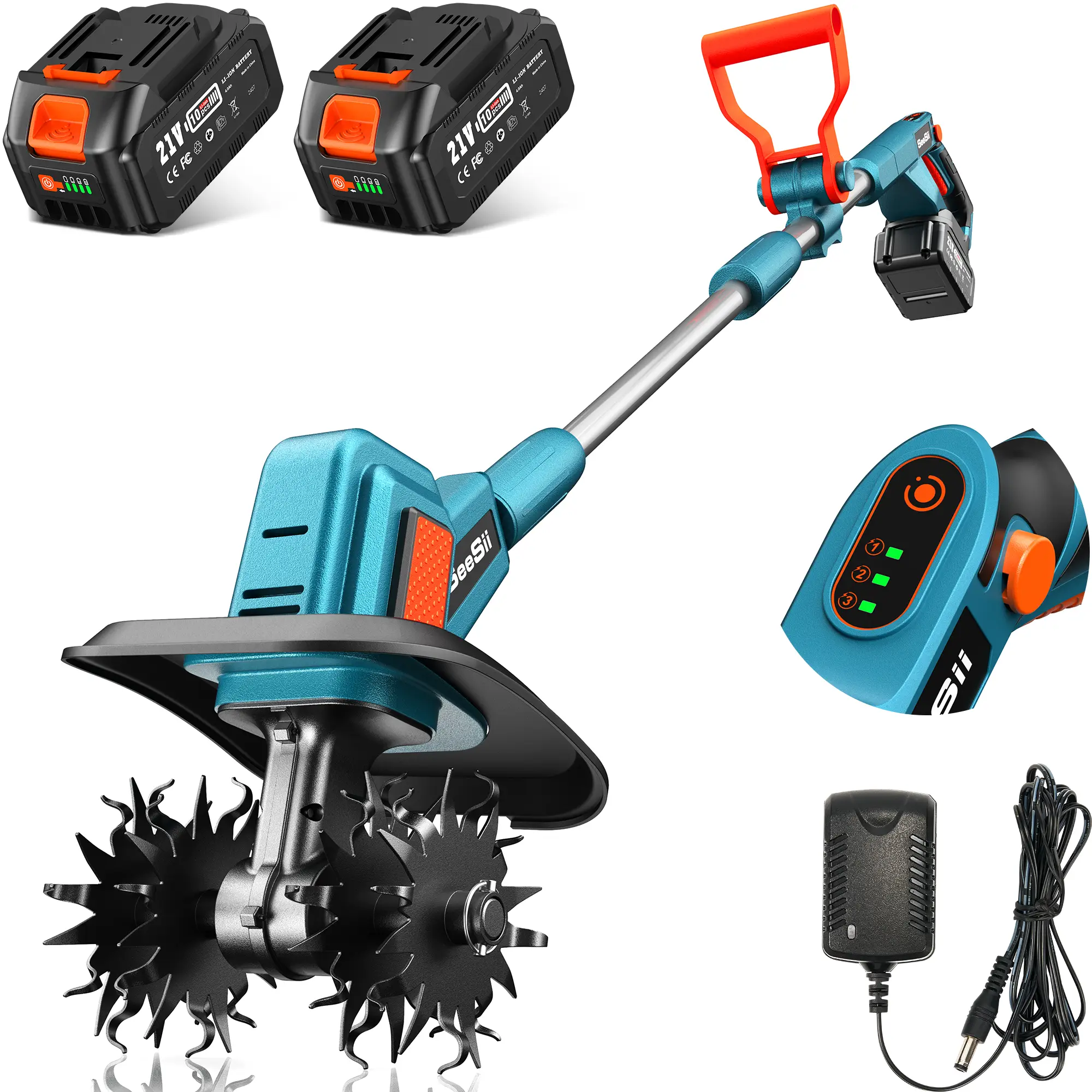 Seesii Electric Tiller for Gardening, 300 RPM Rototiller Cordless Cultivator, Total 8000mAh Battery Powered Garden Tiller 4 Pcs Blades for Smooth Till