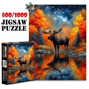 1pc 1000 piece adult puzzle 70x50cm Moose Standing in Water with Autumn Foliage and Starry Sky 500 pieces of paper jigsaw puzzle, suitable for adults and families, large-scale DIY puzzle interactiv Game