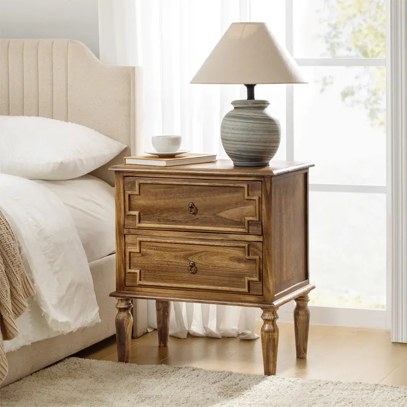 Hulala Joah 28"Tall Farmhouse 2-Drawer End Table with Built-in Charging, Farmhouse and Transitional Styles, Rustic Elegance, Convenient Charging Station, Round Ring Pulls, Spindle Legs with Cushioned Feet, Solid Wood Construction