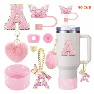 Pink Silicone Boot for 40oz 30oz Tumbler with Diamond Straw Cover Cap & Initial Letter Charm Accessories Set