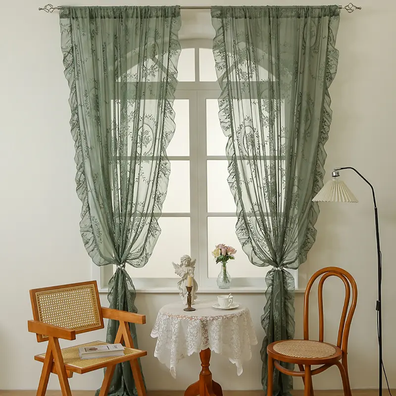 French country style lace sheer home decorative curtain, specially designed for living room, bedroom, balcony and bay window. Semi-light shielding and breathable window valance with exquisite ruffled edge decoration.