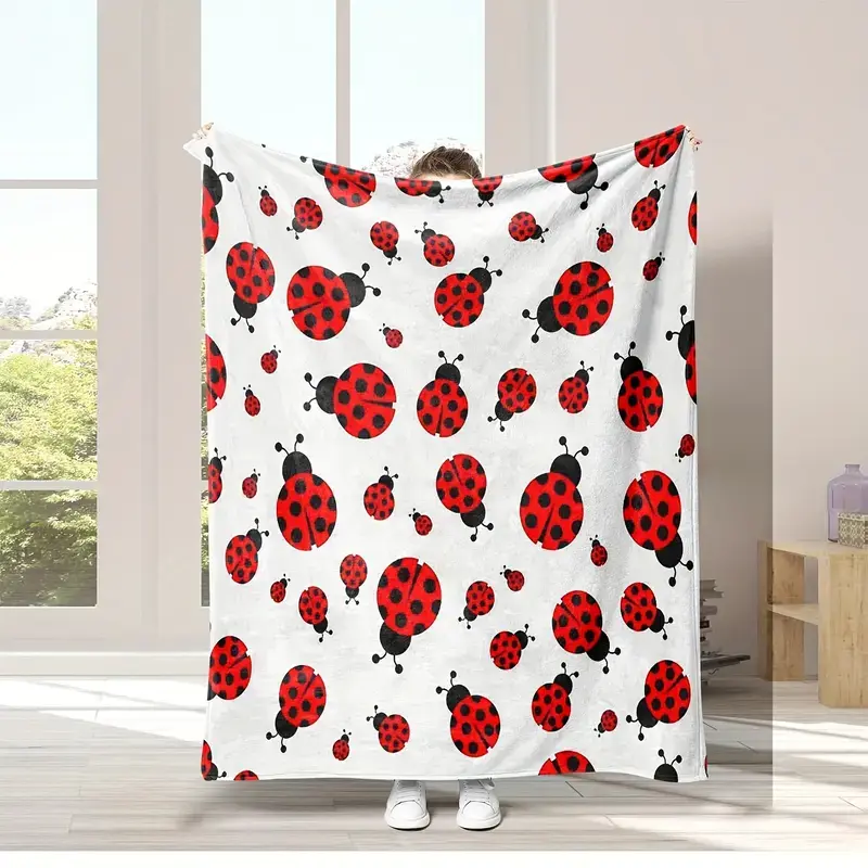 Retro Vintage Insect Motif Flannel Blanket - Flannel Texture, Soft, Comfortable, Lightweight, Breathable, Durable, Wrinkle Resistant, Anti-Pilling, White with Red & Black Print, Machine Washable, Multi-Size, for Sofa