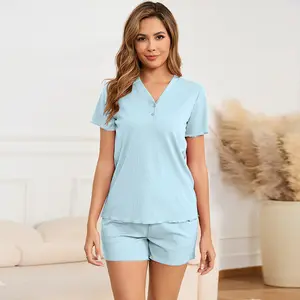 Becotal Casual 2 Piece V-Neck Ribbed for Women Pajama Set Comfortable Stretchy Spring/Summer 2025 Lounge Comfy