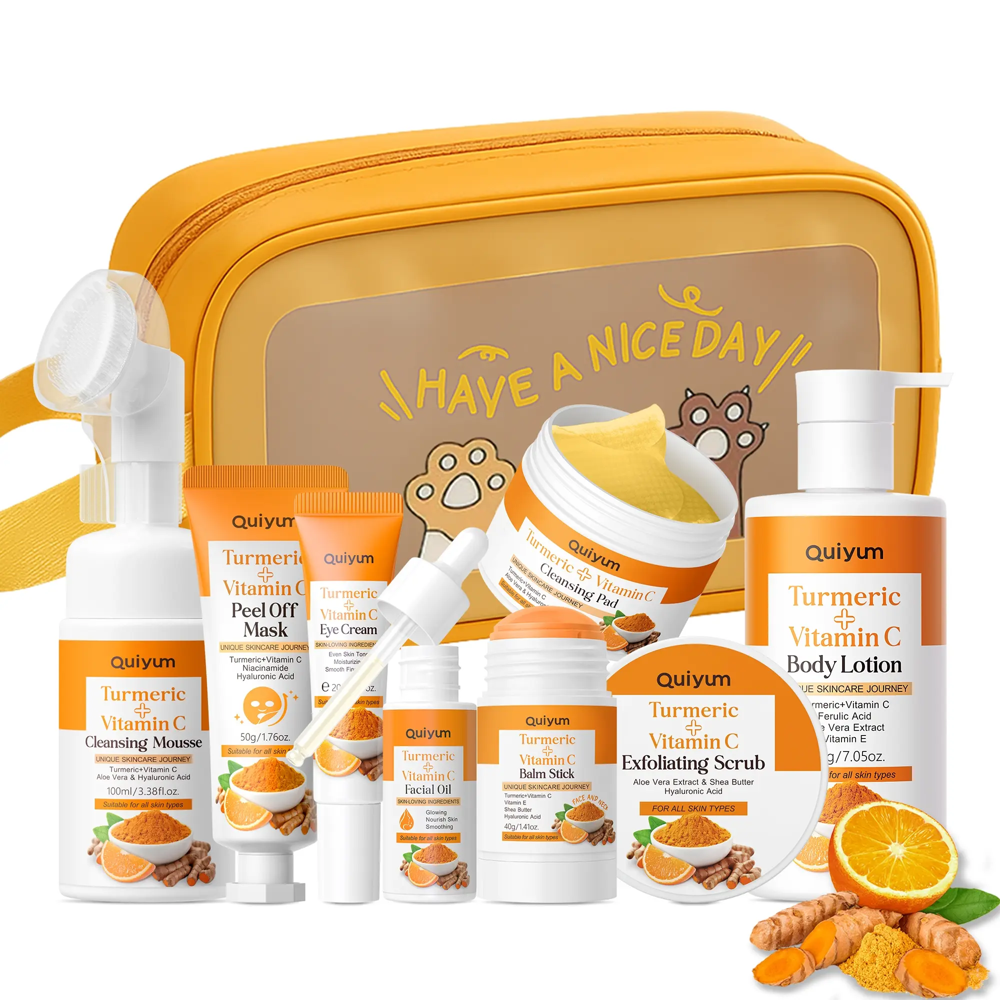 Quiyum Turmeric Glowing Skin Care Set, 10pcs Deep Cleansing & Brightening Facial Kit with Cleansing Mousse, Serum, Peel-Off Mask, Exfoliating Scrub & Travel Bag, Best Self Care Gift for Women, Face Care Kit