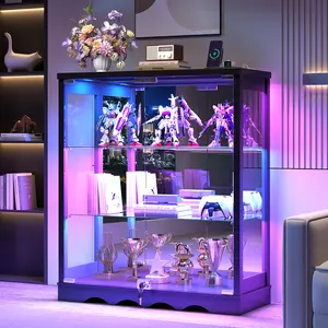 Vlsrka RGB Display Cabinet with Glass Doors - 39’‘ Tall Curio Cabinet with Lock & Adjustable Shelves, 3-Tier Display Case with Lights, for Collectibles/Figure/Helmet/Football,