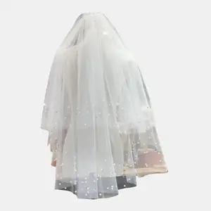 Short White Bridal Veil with Pearl Embellishments - Cute Tulle Veil for Brides & Parties - TikTok Trending Wedding Style