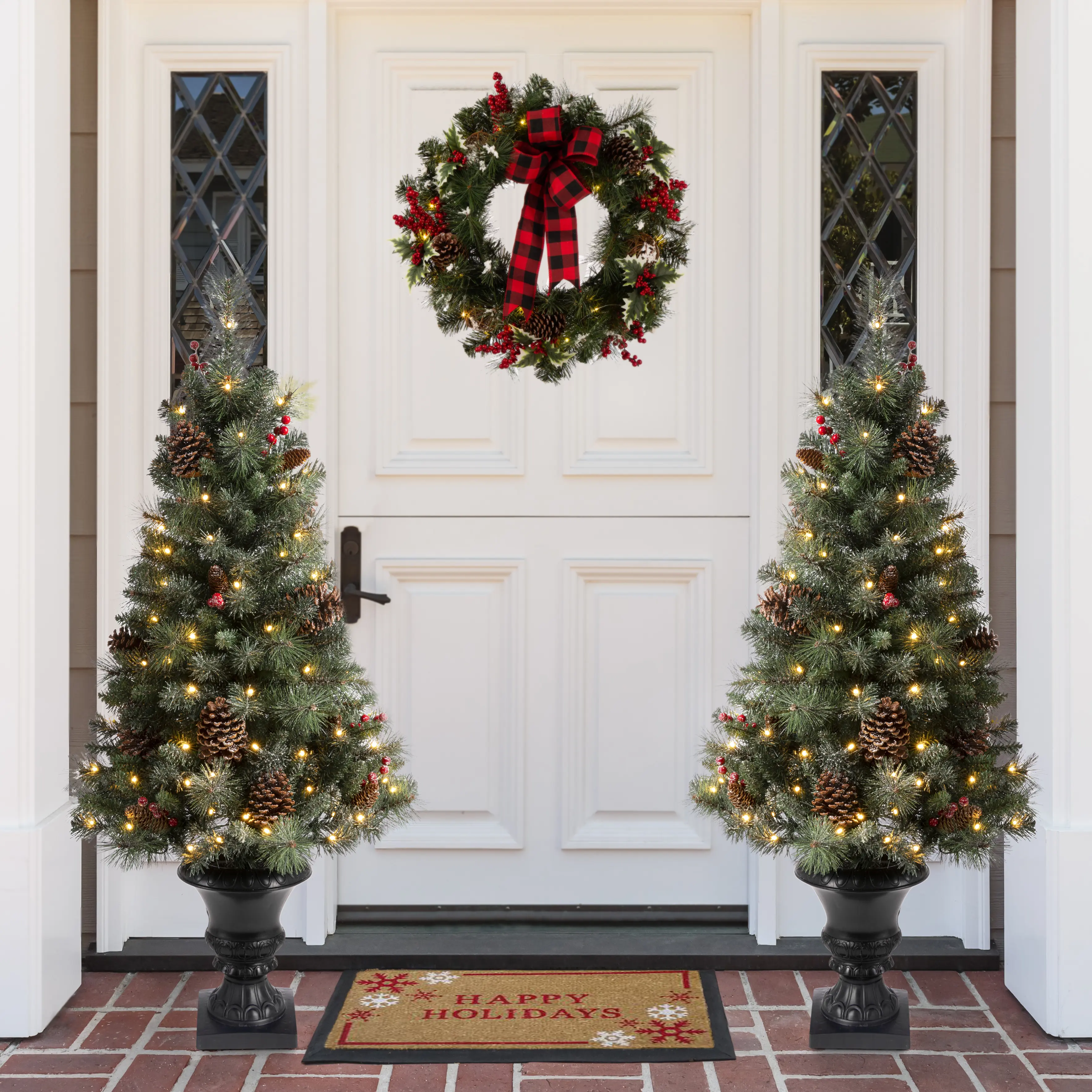 Glitzhome Pre-Lit Flocked Pinecone & Berry Christmas Tree with Warm White LEDs, 4ft-5ft-6ft Floor Ornaments for Indoor/Outdoor Festive Home Decor (with Pot), Flocked Tree