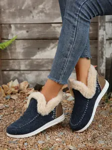 Women's Solid Color Textile Fashionable Warm Flat Shoes, Casual Comfortable Ankle Boots for Winter, Female All-match Round Toe Footwear for Daily Wear