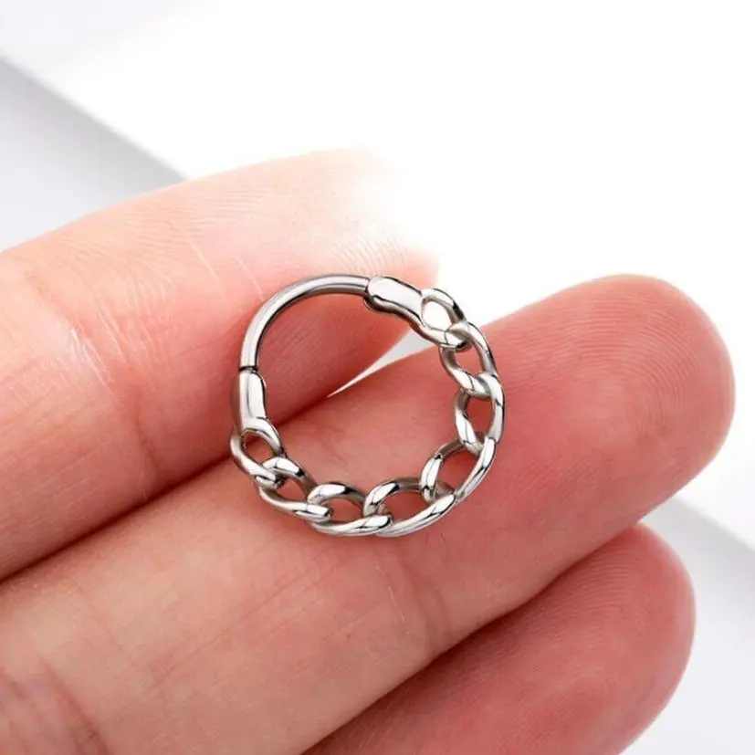 OUFER BODY JEWELRY 16G 316L Stainless Steel Septum Jewelry, Chain-Style Hinged Clicker Hoop for Daith & Helix, 10mm Unisex No-Fade Nose Piercing, High Quality Jewelry