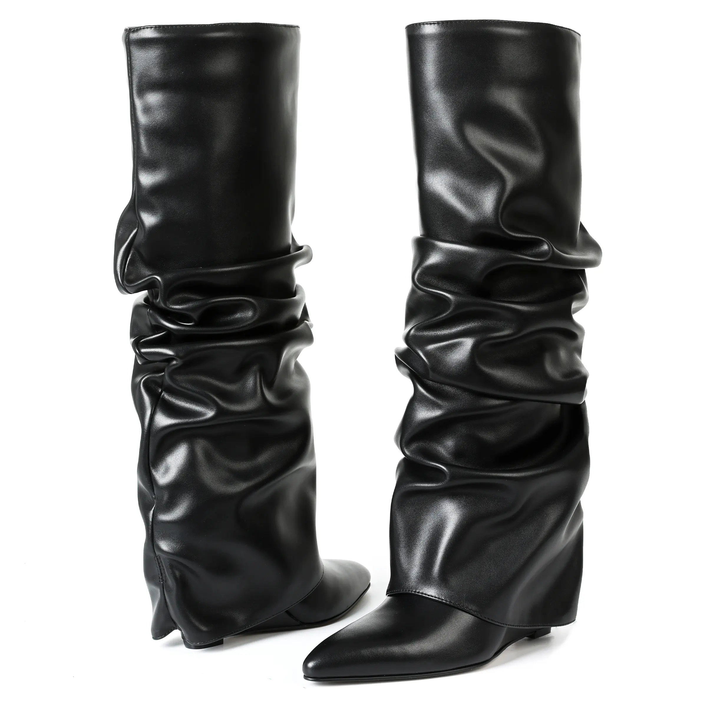 EROCALLI Women's Fold Over Boots Slouch Knee High Boots for Women Wedge Heel Pointed Toe Tall Boot, Wide Calf, Pull-on Covered chunky Heel Patent Leather Knee High