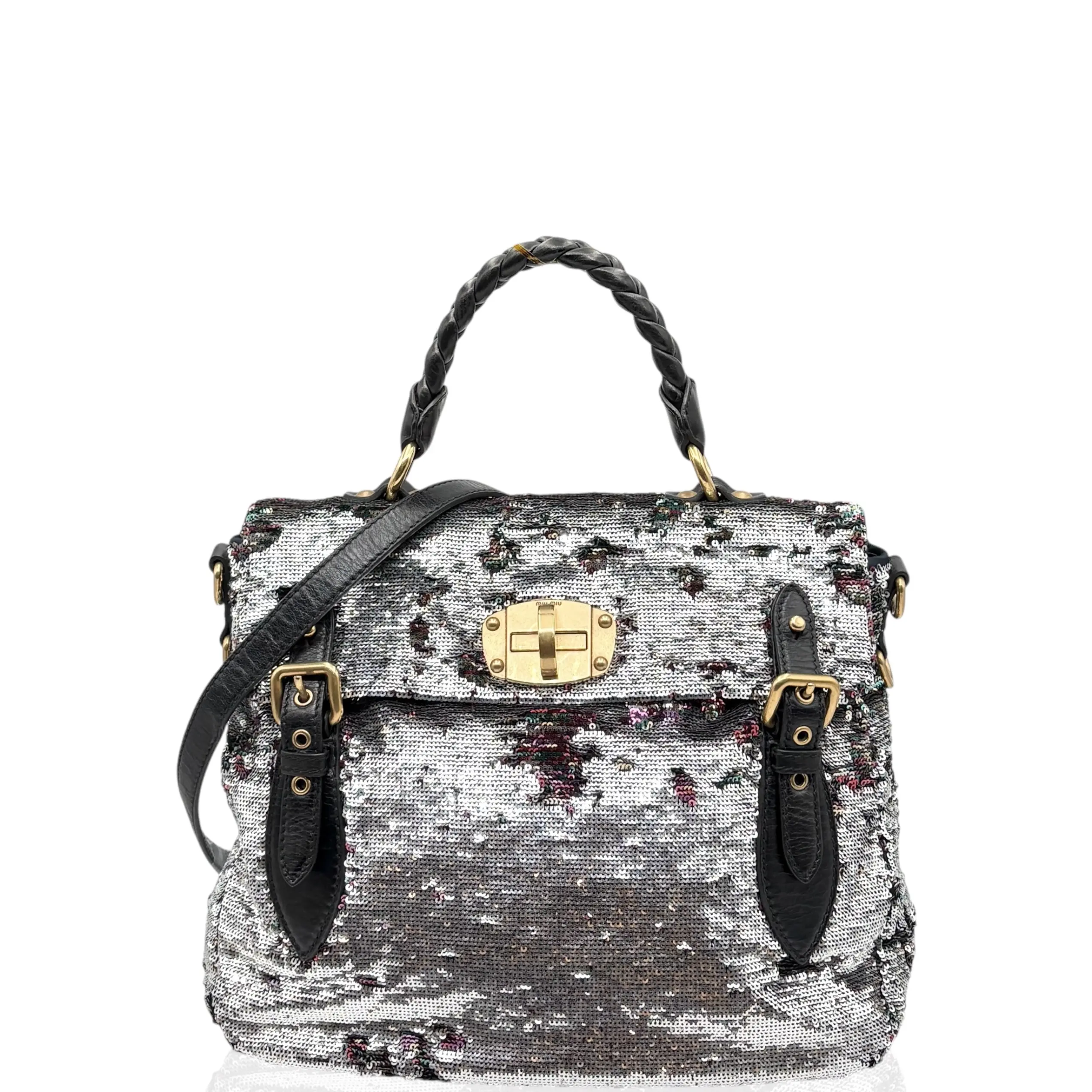 Pre-owned miu miu Leather tote bags Two Way Bag Sequin Calfskin Silver Black (gy041226a2)