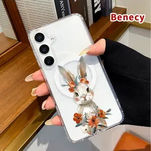 Magnetic Phone case for  Samsung Galaxy S26 S23 Ultra S24 Plus FE S25 S22+ Orange Daisy Rabbit Pattern Non-Yellowing Shockproof Soft Silicone Transparent Acrylic Large Hole Cover Supports Wireless Charging