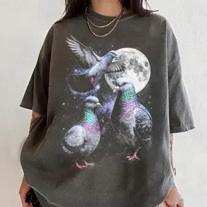 Comfort Colors Three Pigeon Retro Graphic T-shirts, Vintage Pigeon Moon Tshirt, Bird Watching Lovers, Funny Brid Tee, Oversized Washed Tee, Silly Gift