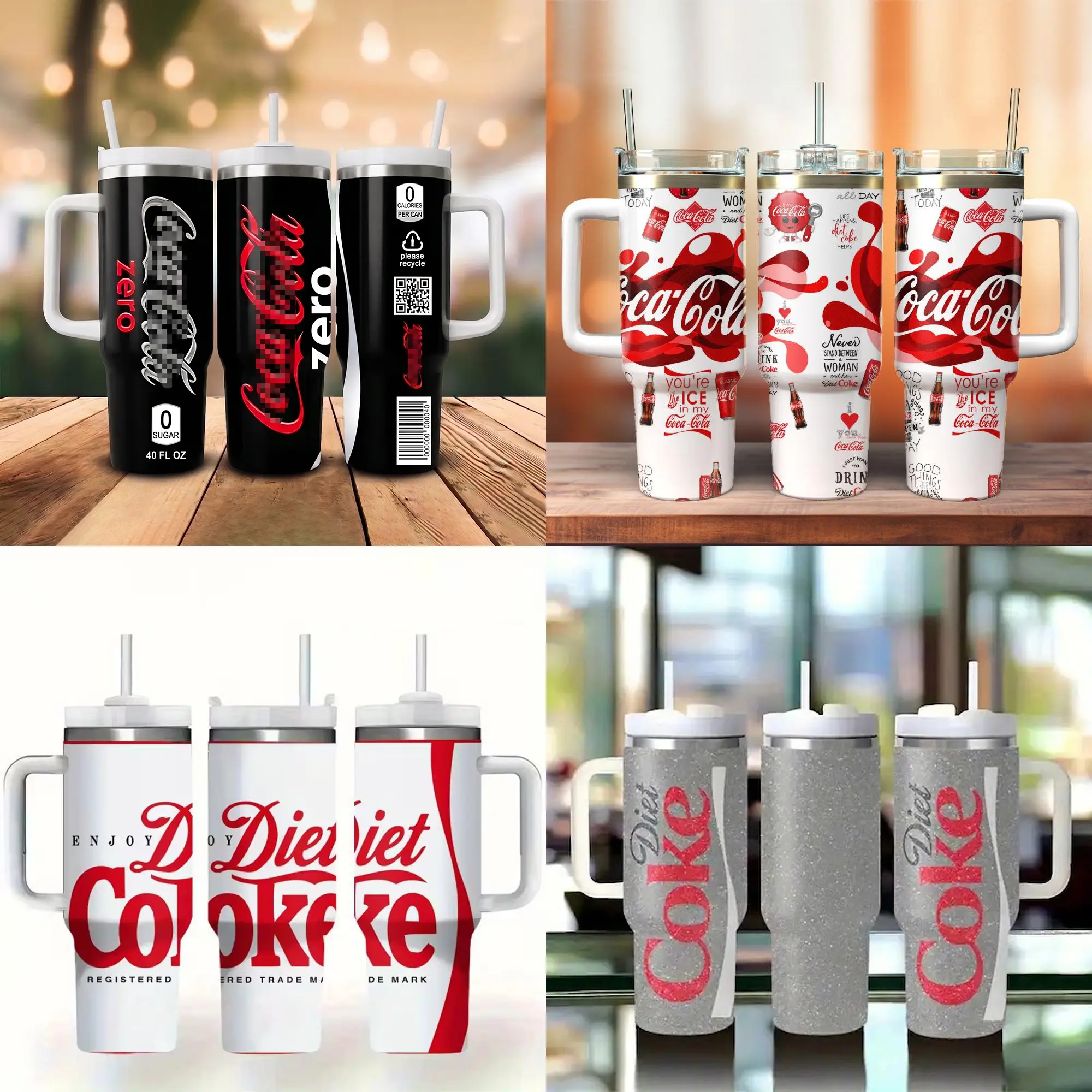 COLLECTION Premium Diet Coke & Zero 40oz Tumbler with Handle & Straw - Sugar-Free Soft Drinkware For Healthy Lifestyle - Fashionable Feminine Glitter & Retro Travel Mugs with Handle - Insulated Stainless Steel Cup - Gift for Soda Lovers